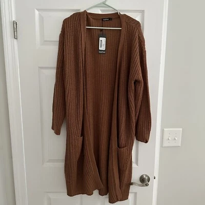 NWT Boohoo Fisherman Edge to Edge Boyfriend Toffee Colored Cardigan - Size Large - Image 1 of 3