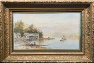 HERMOSA PINTURA ACUARELA LAGO GALÉS VICTORIANO DEL SIGLO XIX VELA Y PESCA - Imagen 1 de 11