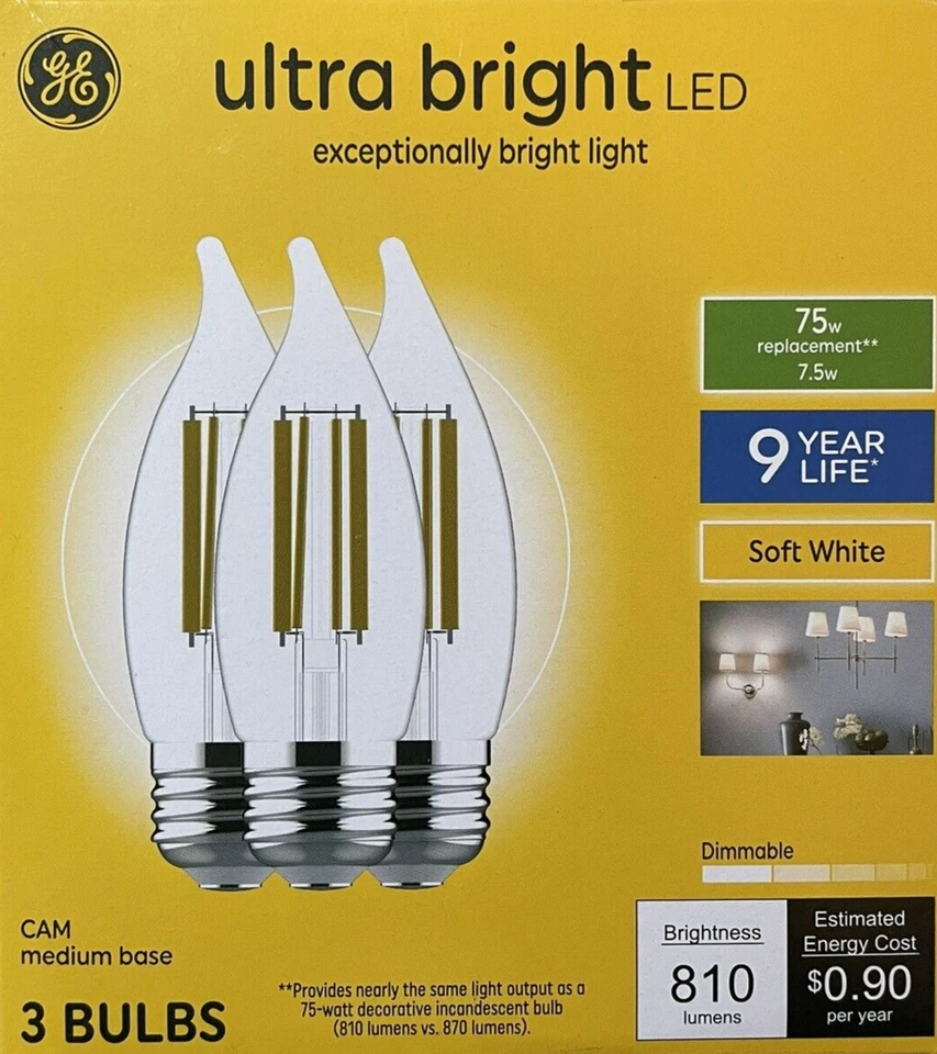 3 GE 75-Watt Clear Ultra Bright Flame Tip LED Bulbs w/Standard Medium Base - Image 1 of 1