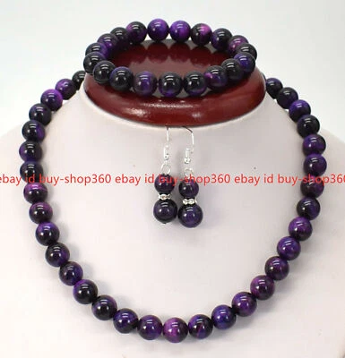 Brincos de pulseira de contas de pedra preciosa olho de tigre roxo natural 8 mm 18/7,5" - Imagem 1 de 4