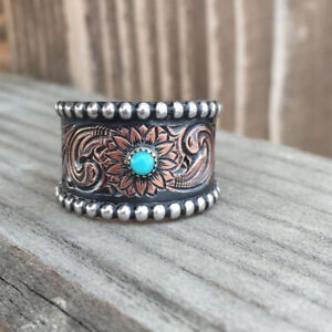 Boho Handmade 925 Silver Wide Band Chunky Turquoise Gems Ring Jewelry for Women