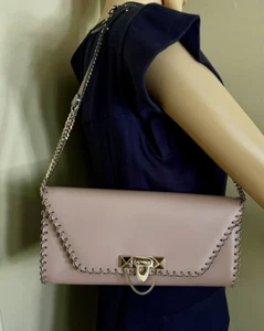 VALENTINO GARAVANI Demilune Small Dusty Pink Leather Evening Bag Whipstitch RARE - Picture 1 of 19