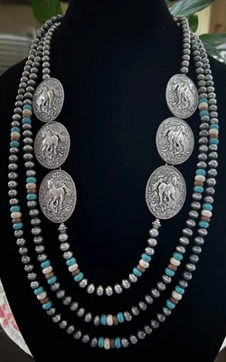 NUEVO Collar Caballo Perla Peltre 3 Hilos Turquesa Cuentas Foto 1 de 2