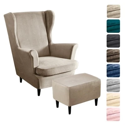 3 Teilig Ohrensessel Überzug Mit Ottomane Schonbezug Stretch Samt Sessel-Über... - Bild 1 von 4