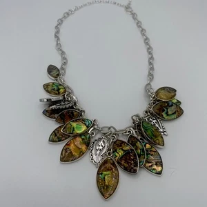 Premier Designs Abalone Leaf Dangle Necklace Silver Tone 16-20” Chain - Picture 1 of 7