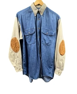 TANGO by Max RAAB Shirt Mens Medium Denim Colorblock Elbow Patch Button Up VTG - Picture 1 of 14