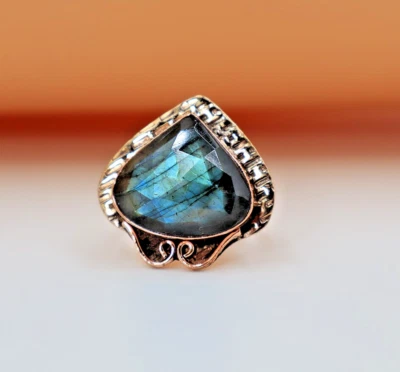 Anel de cura labradorita corte rosa coração cobre feito à mão anel boho espiritual "8 - Imagem 1 de 4