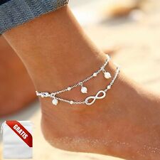 Fußkettchen Fußkette Fußschmuck Fußband Infinity Weiß Perlen Silber Damen