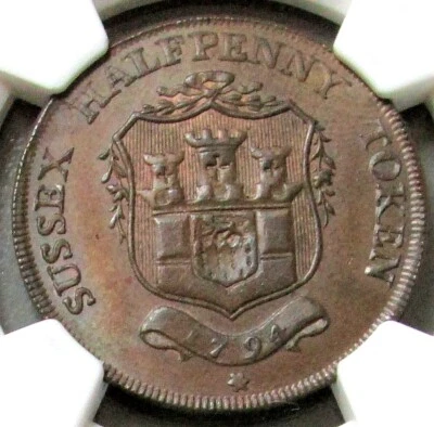 1794 GREAT BRITAIN 1/2 PENNY SUSSEX-FRANT PAYABLE BY G. RING NGC MS 64 BN D&H-23 - Image 1 of 3