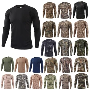 Mens Woodland Camouflage T-Shirt Slim Fit Long Sleeve Tee Crew Neck Pullover Top - Picture 1 of 58