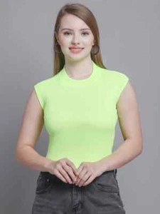 Women Lemon Lycra Blend Round Neck Sleeveless Crop tank top - Picture 1 of 6