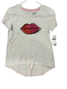 Calvin Klein Jeans Grey Girls Shirt Red Lips Size L/G (12/14) Back Split - Picture 1 of 5
