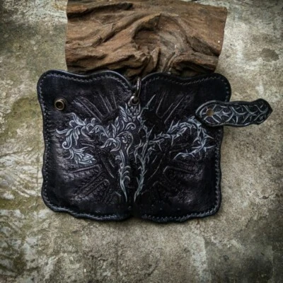 Black Flowers Monster Spooky Leather Wallet Carved Thorny Medium Biker Wallet - Image 1 of 4