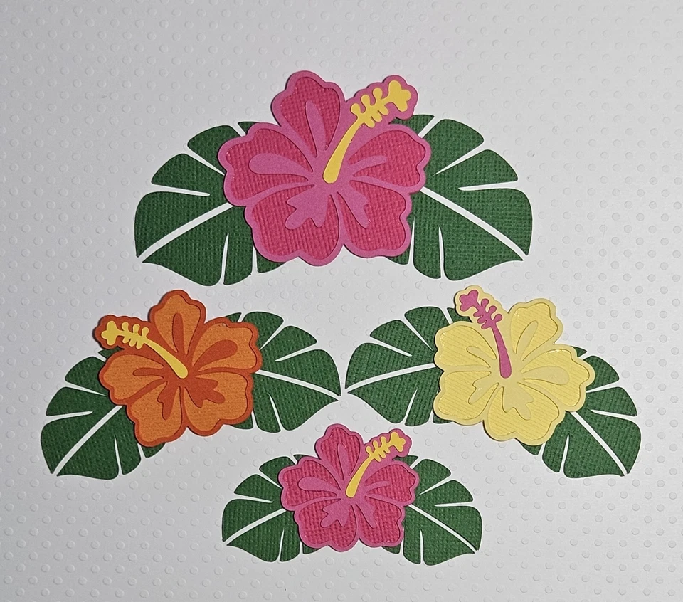 Juego de 4 flores de hibusco hawaiano rosa. Álbum de recortes, piezas de papel para hacer tarjetas Foto 1 de 1