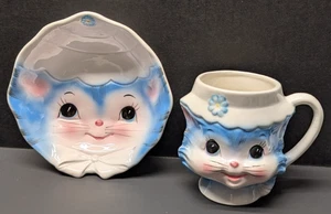 Lefton Miss Priss Blue Kitty Kinder Tasse & Schale #3553 Vintage Kitschig Selten Set - Bild 1 von 7