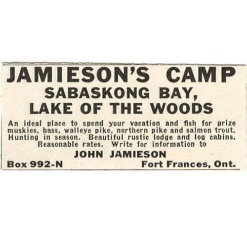 ОЗЕРО ЛЕСА JAMIESON ЛАГЕРЬ ПУТЕВОДИТЕЛИ 1940 ПЕЧАТЬ ОБЪЯВЛЕНИЕ MUSKIE БАС SABASKONG БУХТА - Изображение 1 из 1