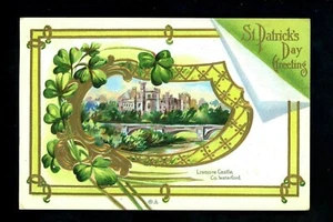 St. Patricks Day greetings postcard Lismore Castle Waterford gold trim embossed - Picture 1 of 2