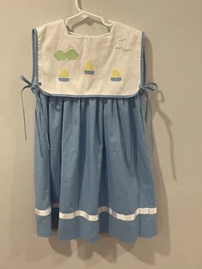 Embroidered Applique Sailboat Bib Beach Dress Vintage 80s Lynley Designs Girls 7 - Picture 1 of 8