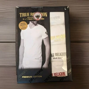 NEW TRUE RELIGION WHITE SHIRTS 4 PACK PREMIUM COTTON VNECK LARGE LIMITED EDITION - Picture 1 of 2