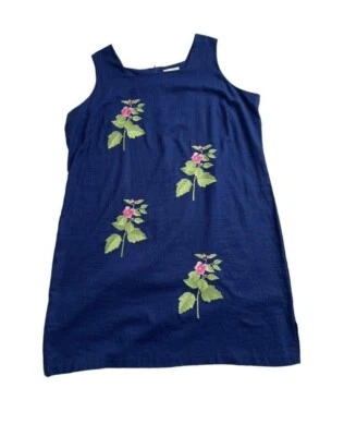Country Concept Linen Blend Midi Dress Blue Pink Embroidered Floral Size 2X Boho - Image 1 of 4