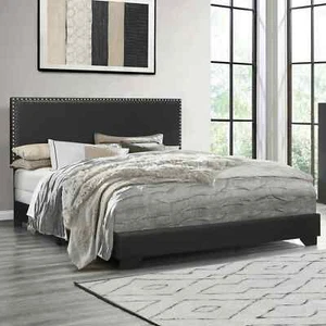 Queen Size Bed Nailhead Trim Upholstered Black Faux Leather Low profile footboar - Picture 1 of 10