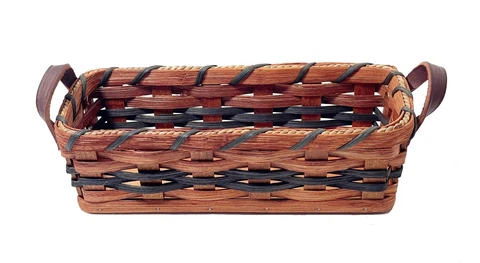 Amish Cracker Basket Server Solid Oak Handwoven With Genuine Leather Handles Cover