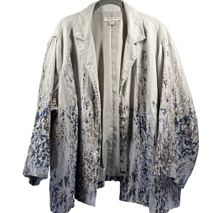 Coldwater Creek Women's Jacket Size 2X 100% Linen Artsy Beige Blue Lined Open - Picture 1 of 12