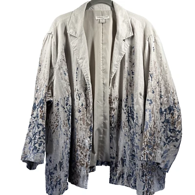 Coldwater Creek Women's Jacket Size 2X 100% Linen Artsy Beige Blue Lined Open - Image 1 of 4