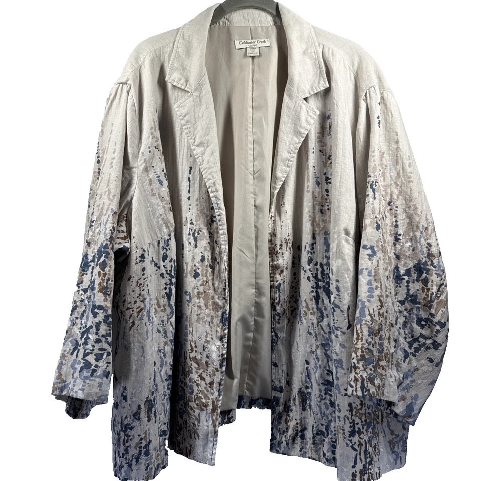 Chaqueta para mujer Coldwater Creek talla 2X 100 % lino artístico beige azul forrada abierta Foto 1 de 4