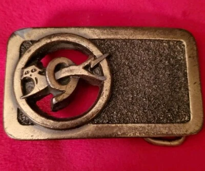 Vintage 1983 Cat 9 Batteries Belt Buckle Union Carbide Corp Pewter - Image 1 of 4