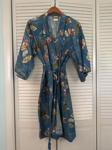 Vintage japanischer Kimono Morgenmantel Baumwolle blau Print von Fächern Bambus Einheitsgröße - Bild 1 von 7