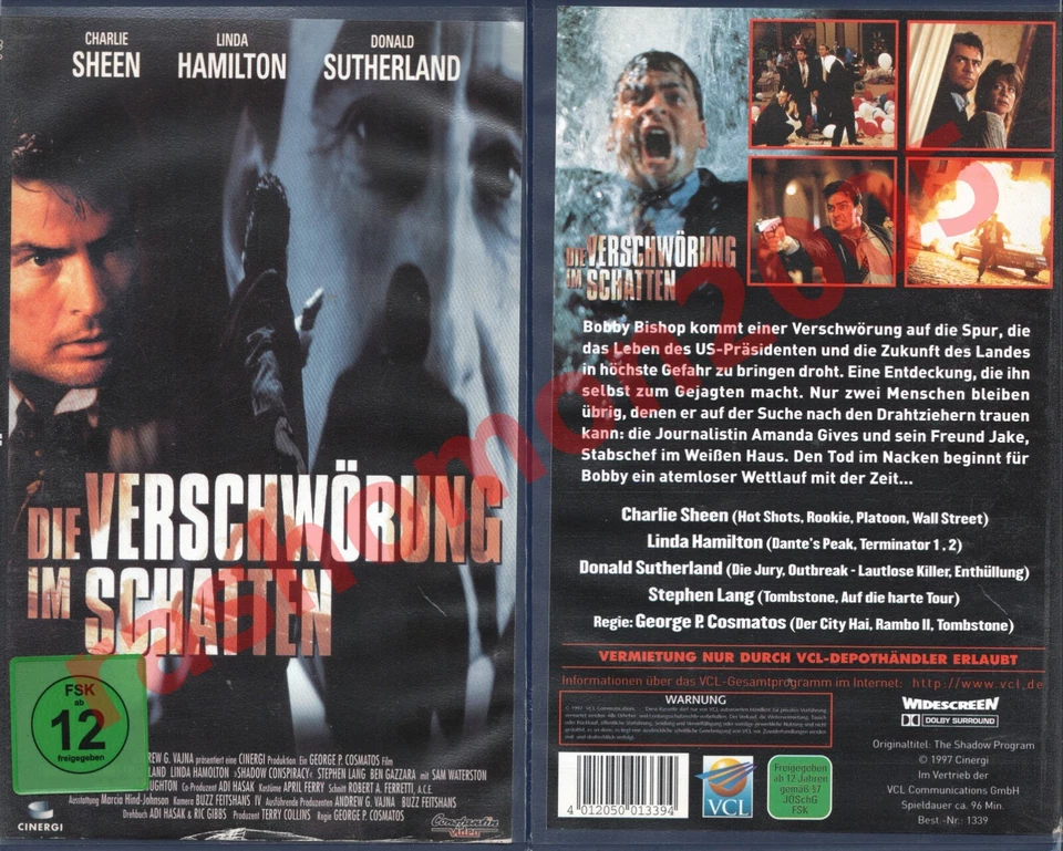 VHS DIE VERSCHWÖRUNG IM SCHATTEN Charlie Sheen Donald Sutherland Großbox VCL - Bild 1 von 4