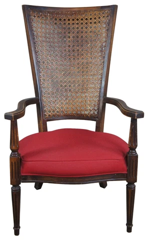 20th Century French Arm Chair Distressed Walnut Caned Back Red Seat 42" Cover