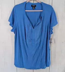 Liz Claiborne Size 2X Blue Split V Neck Womens Casual Short Sleeve Blouse NWT - Picture 1 of 8