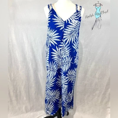 Vestido midi doble correa estampado tropical mezcla lino azul y blanco talla mediana Foto 1 de 4
