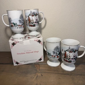 Vintage Christmas Pedestal Mug Set Japan White Porcelain Set 4 Village Scene - Picture 1 of 6