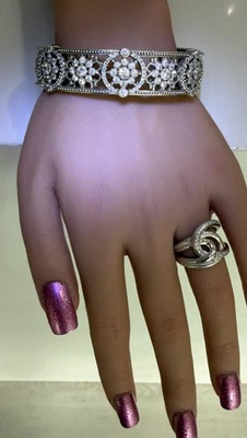 Judith Ripka Bracelet CZ Cuff Encrusted Flower Motif  Sterling Silver 925 - Image 1 of 4