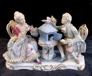 Dresden Style Porcelain Couple with Birds cage 9in –Worn Lace & Tip Damage - Picture 1 of 23