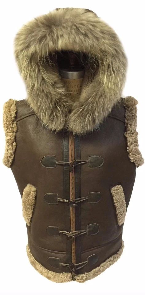 Gilet bombardier en cuir véritable Shearling RAF B3 capuche amovible avec... - Photo 1/1