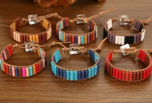 Chakra Bracelet Natural Stone Tube Beads & Leather Wrap Bangle Choose Your Fave! - Picture 1 of 26