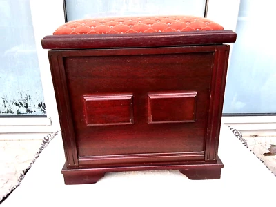 MAHOGANY WOOD TONE OTTOMAN POUFFE STORAGE BOX with UPHOLSTERED SEAT & STORAGE - Image 1 of 4