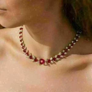 18CT Oval Simulated Ruby Women Engagement Tennis Necklace 14k White Gold Plated - Picture 1 of 5