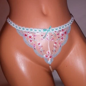 Victoria's Secret Panty Medium V String Tanga blau weiß rosa Perlen Spitze Traum - Bild 1 von 23