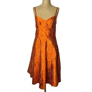 Vestido Solero Estampado Tribal Banana Republic Talla 0 100% Seda Naranja Ardiente Forrado Azteca - Imagen 1 de 12