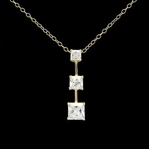 Three-Stone Graduated Created Diamond Pendant 14k Yellow Gold 2ct Princess Cut
