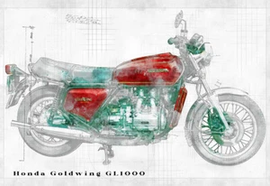 Line Tech Drawing Honda Goldwing GL1000 Mock Retro Art Poster Print - Picture 1 of 3