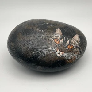 Hand Painted Realistic Cat River Rock Artist Signed Brown Black Pet Paperweight - Picture 1 of 10