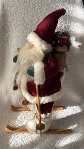 "Figura de Papá Noel de colección en esquís de madera saco de arpillera presenta piel de terciopelo recortada 13""" - Imagen 1 de 10