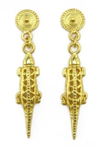 24k GP Pre-Columbian Crocodile Dangle (S) Dangle Earrings | Across The Puddle - Picture 1 of 5