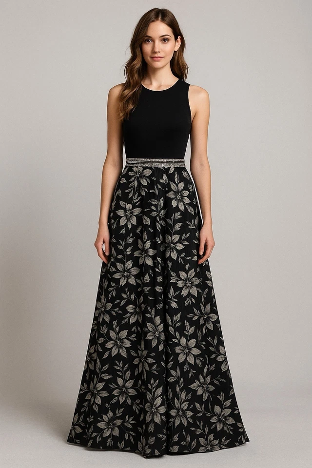 Carmen Marc Valvo черный серебряный цветочный бисером талии без рукавов вечернее платье 6 - Изображение 1 из 4